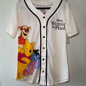 Disney Winnie the Pooh Baseball Jersey Women’s Large Cream Button Down Graphic